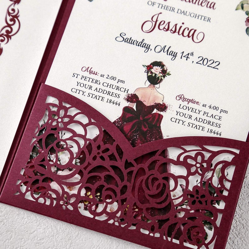 DreamBuilt 4.7 x7 inch 50PCS Blank Burgundy Quinceanera Invitations Kit Laser Cut Hollow Rose Pocket Quinceanera Invitation Cards with Envelopes for Bridal Shower Quincenera Birthday Invite - Image 5